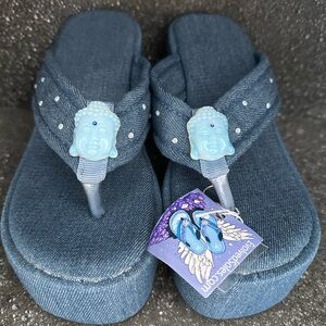 BNWT denim jean platform wedge opalite crystal buddha shoe size 6/36